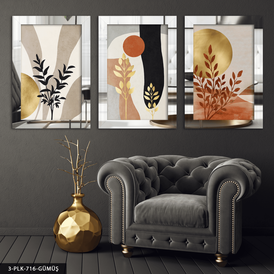 Boho Tarzı Gold Detaylı Desenler 3 Parça Pleksi Aynalı Tablo Gümüş - 60 x 80 CM