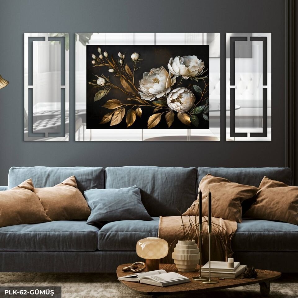 Gold Yapraklı Beyaz Çiçek Yan Dekorlu 3 Parça Pleksi Tablo DKRPLK 130 x 25 CM - Gümüş