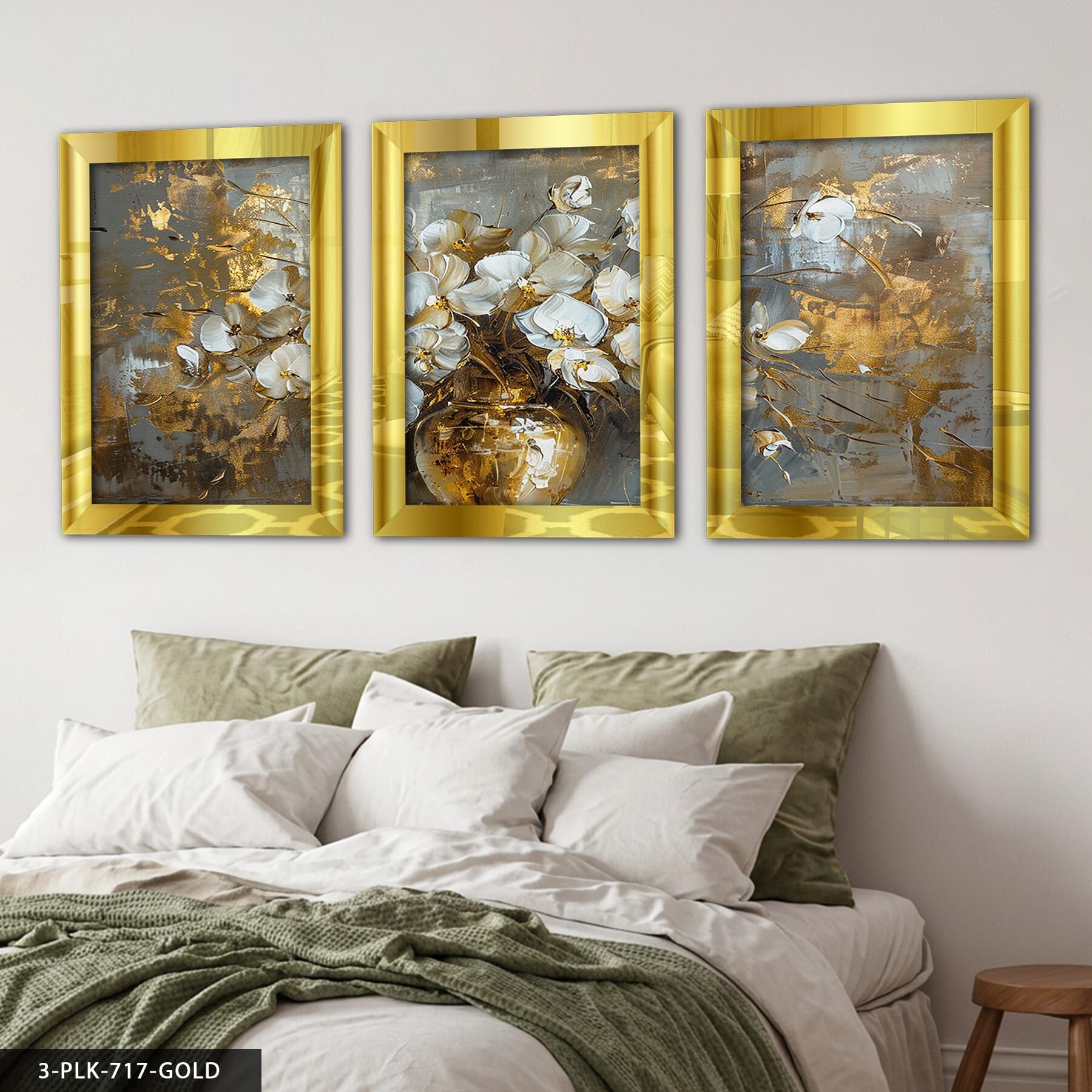 Gold Vazoda Beyaz Çiçek 3 Parça Pleksi Aynalı Tablo