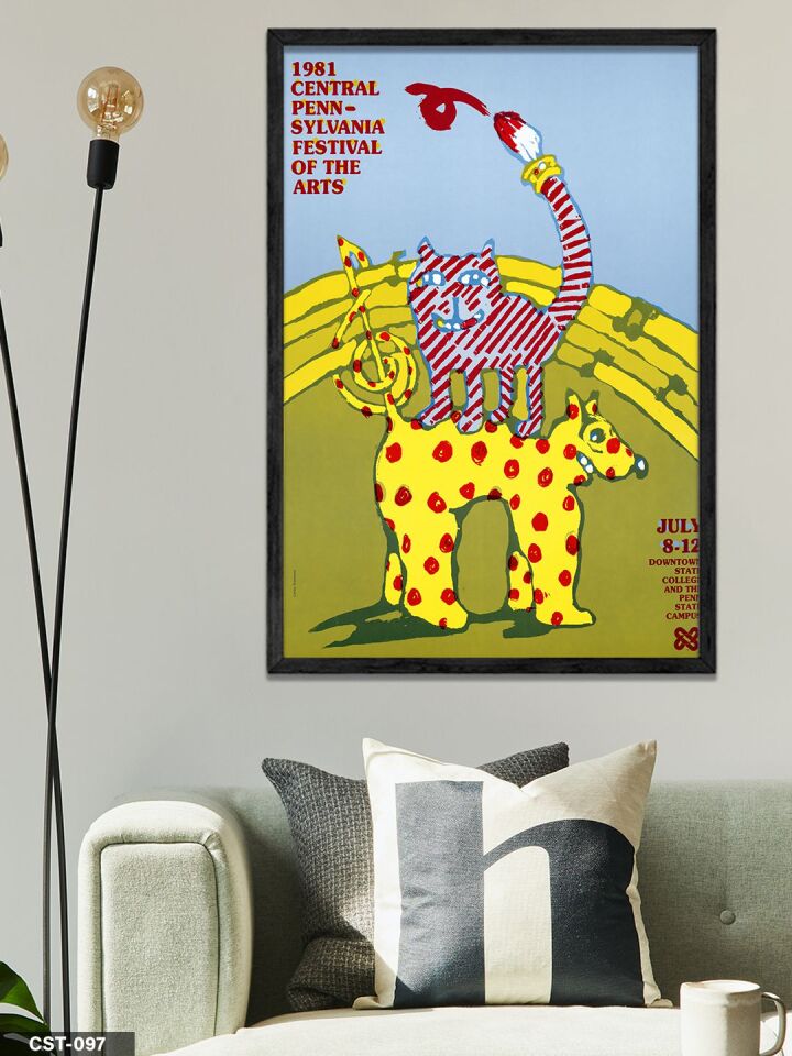 Sarı Fonlu Hayvan Figürlü illüstrasyon Tek Parça Ahşap Çerçeveli Tablo Siyah - 50 x 70 CM