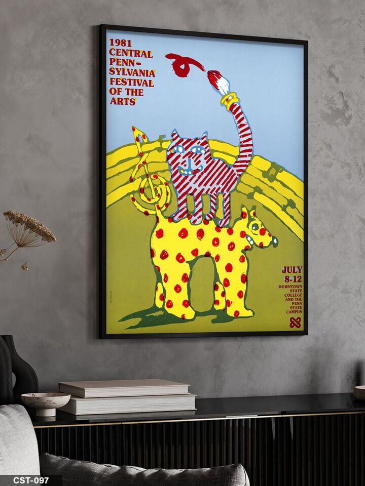 Sarı Fonlu Hayvan Figürlü illüstrasyon Tek Parça Ahşap Çerçeveli Tablo Siyah - 50 x 70 CM