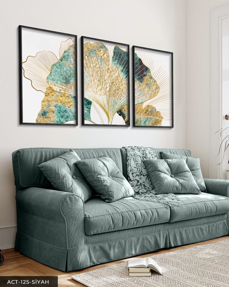Yeşil ve Gold Detaylı Set 3 Parça Ahşap Çerçeveli Tablo ACT