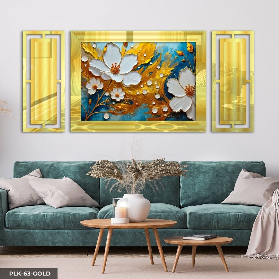 Dokulu Görünüm Beyaz Çiçek Yan Dekorlu 3 Parça Pleksi Tablo DKRPLK 130 x 25 CM - Gold