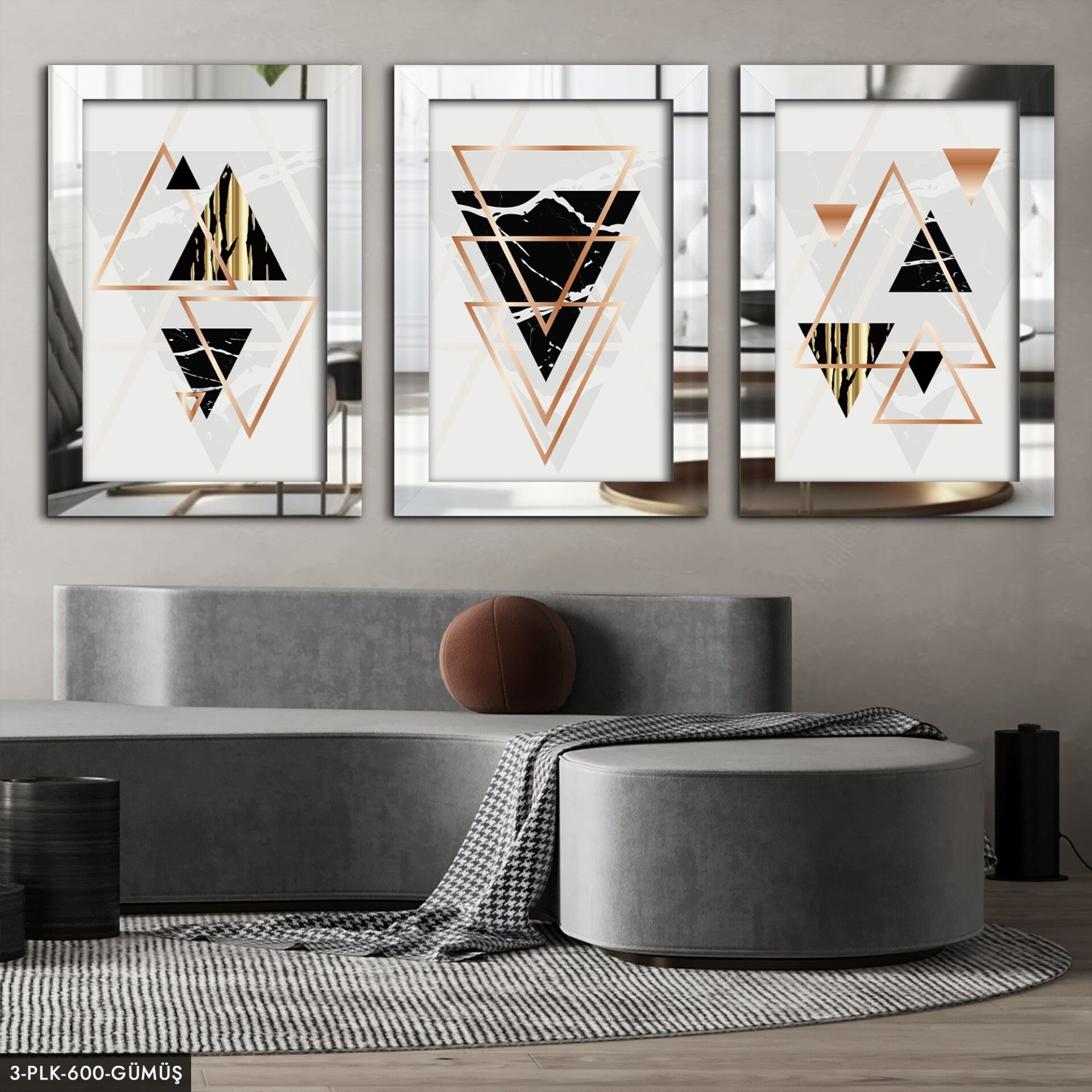 Üçgen Şekil 3 Parça Pleksi Aynalı Tablo 50 x 70 CM - Gümüş
