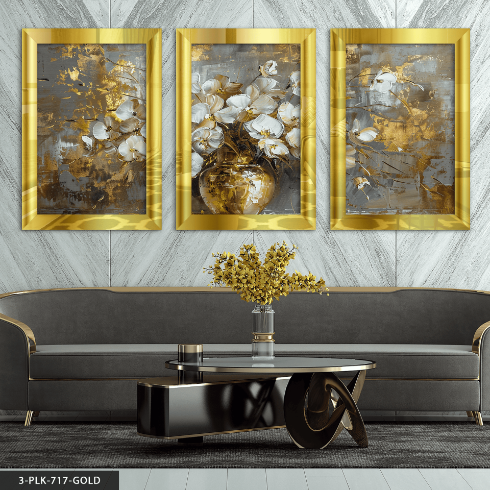 Gold Vazoda Beyaz Çiçek 3 Parça Pleksi Aynalı Tablo 30 x 40 CM - Gold