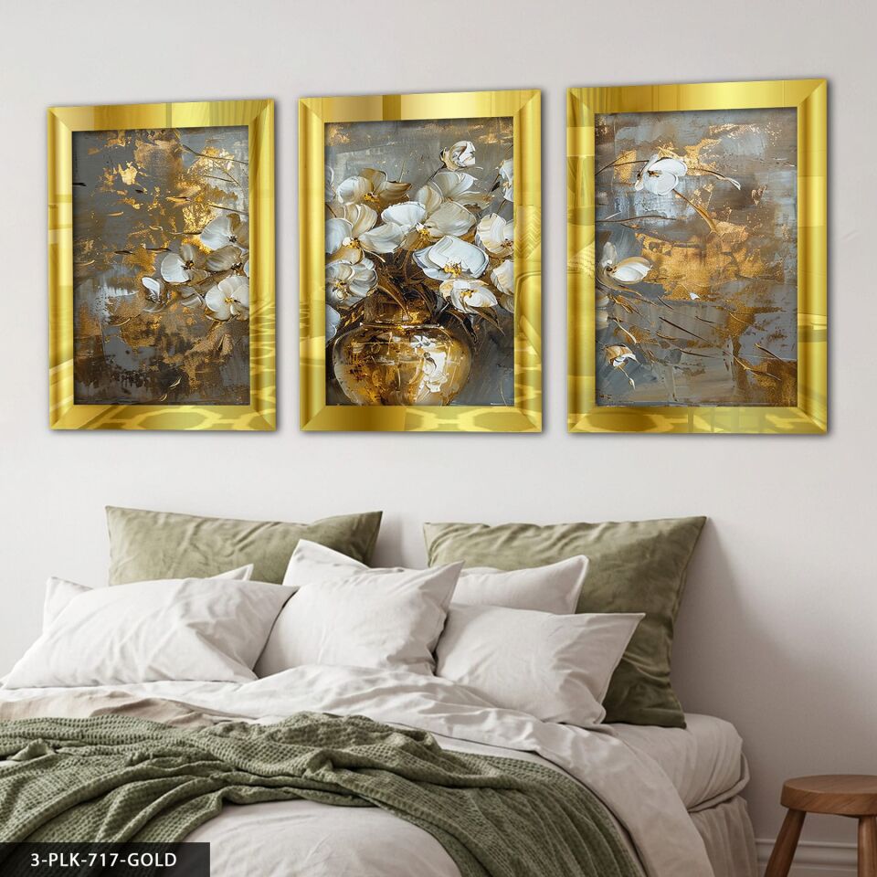 Gold Vazoda Beyaz Çiçek 3 Parça Pleksi Aynalı Tablo 30 x 40 CM - Gold