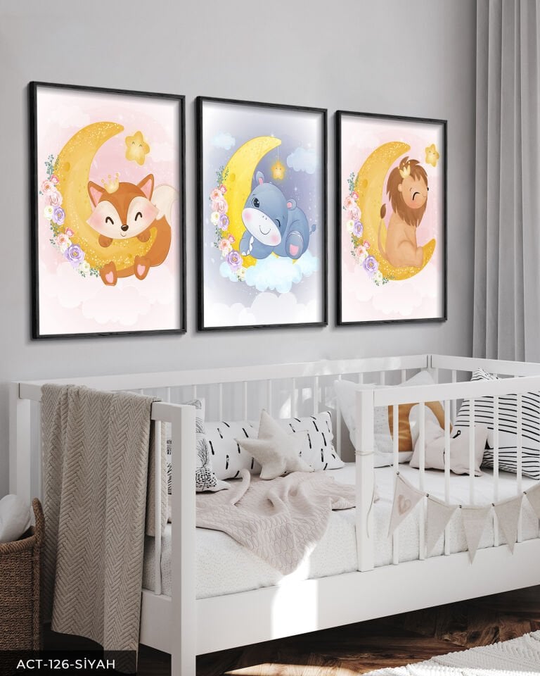 Hayvan Temalı Çocuk Odası 3 Parça Ahşap Çerçeveli Tablo ACT