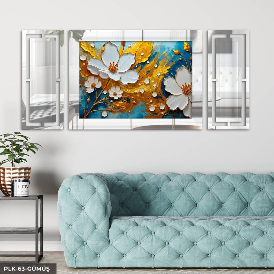 Dokulu Görünüm Beyaz Çiçek Yan Dekorlu 3 Parça Pleksi Tablo DKRPLK 130 x 25 CM - Gümüş