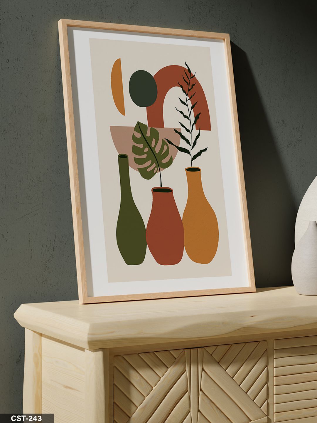 Toprak Tonları 3 Vazo Tek Parça Ahşap Çerçeveli Tablo Naturel - 20 x 30 CM