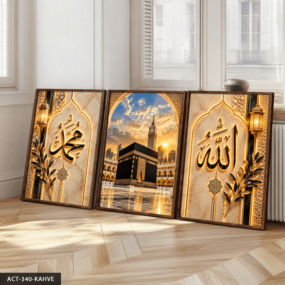 Allah Muhammed Yazılı Kabe 3 Parça Ahşap Çerçeveli Tablo ACT Kahverengi - 40 x 60 CM