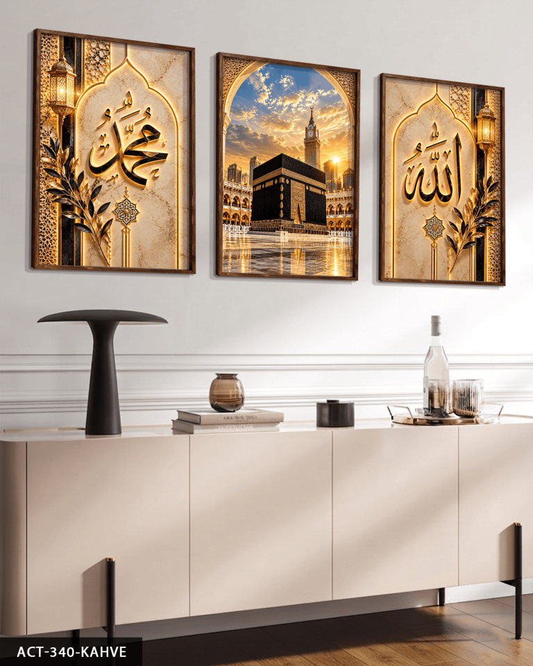 Allah Muhammed Yazılı Kabe 3 Parça Ahşap Çerçeveli Tablo ACT Kahverengi - 50 x 70 CM