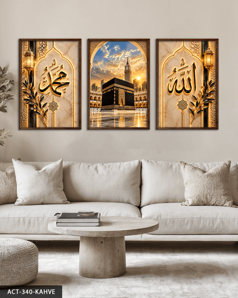 Allah Muhammed Yazılı Kabe 3 Parça Ahşap Çerçeveli Tablo ACT Kahverengi - 50 x 70 CM