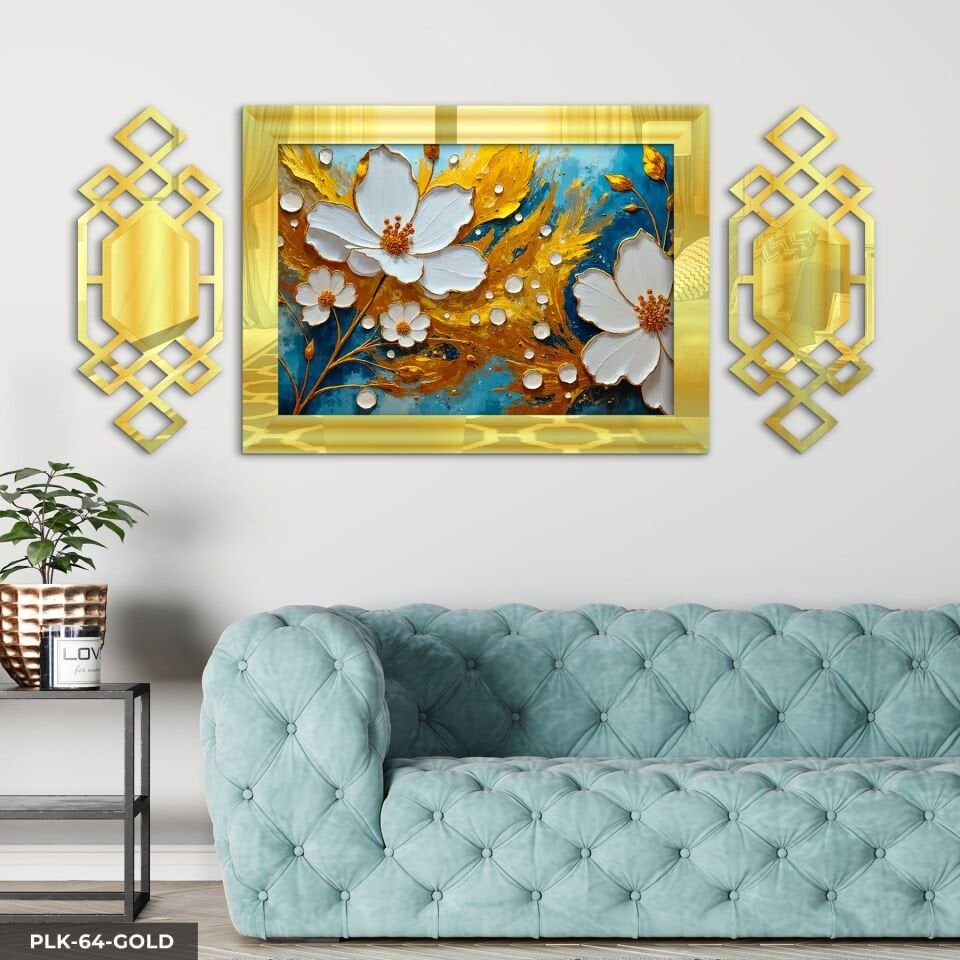 Dokulu Görünüm Beyaz Çiçek Yan Dekorlu 3 Parça Pleksi Tablo DKRPLK 130 x 25 CM - Gold