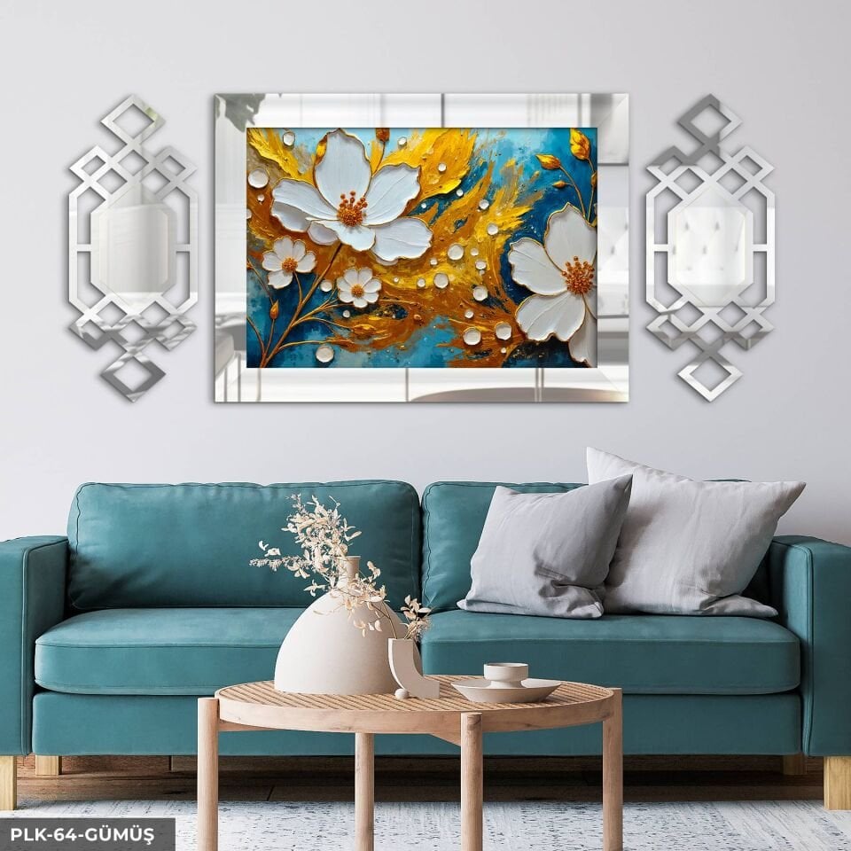 Dokulu Görünüm Beyaz Çiçek Yan Dekorlu 3 Parça Pleksi Tablo DKRPLK 130 x 25 CM - Gümüş