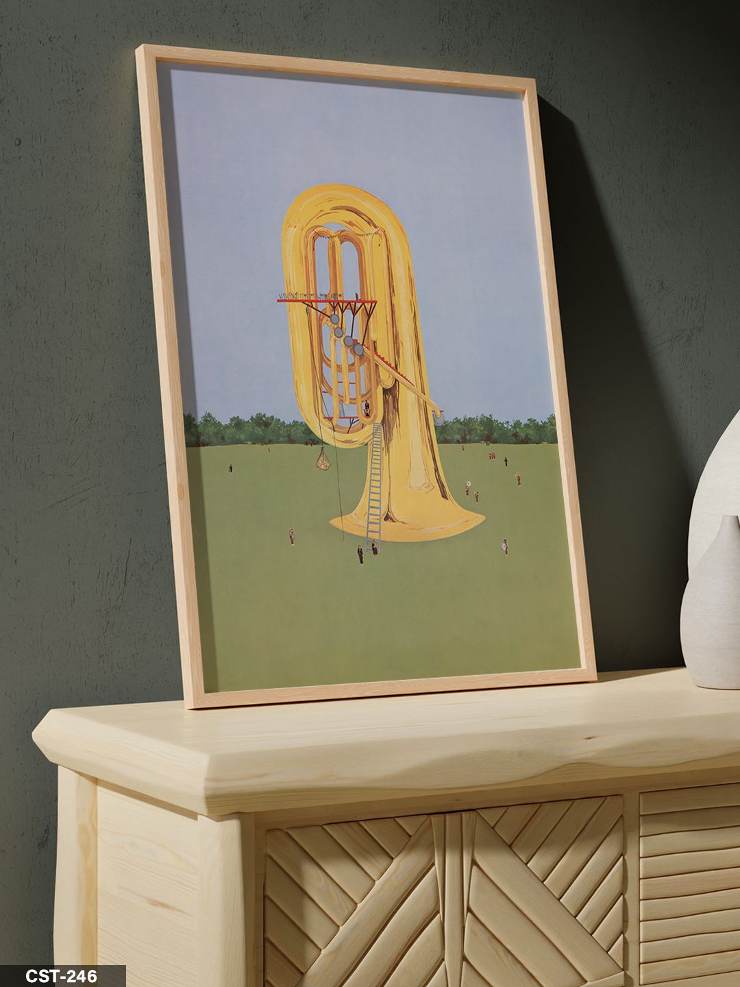 Yeşil Zeminde Saksafon Tek Parça Ahşap Çerçeveli Tablo Naturel - 20 x 30 CM