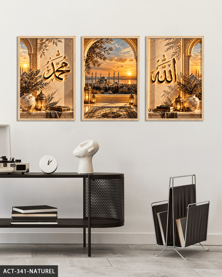 Allah Muhammed Yazılı Camii 3 Parça Ahşap Çerçeveli Tablo ACT Naturel - 30 x 40 CM
