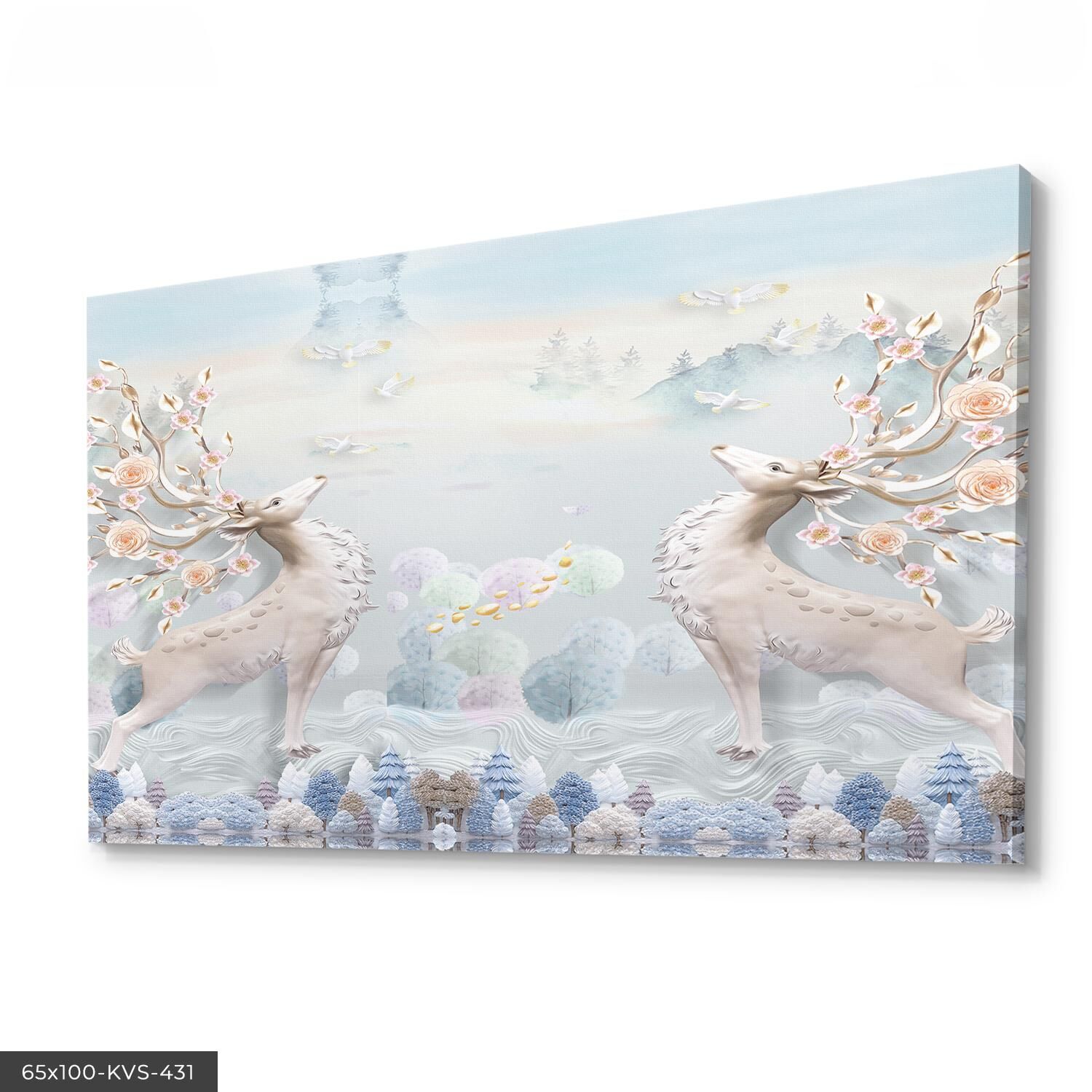 Çiçek Boynuzlu Geyik Kanvas - Canvas Tablo 40 x 30 CM - Çok Renkli