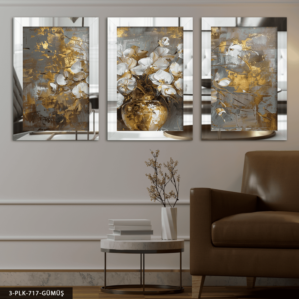 Gold Vazoda Beyaz Çiçek 3 Parça Pleksi Aynalı Tablo Gümüş - 20 x 30 CM