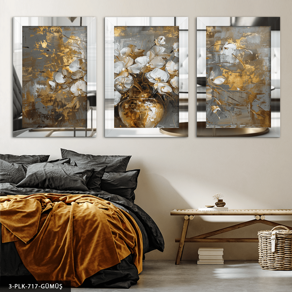 Gold Vazoda Beyaz Çiçek 3 Parça Pleksi Aynalı Tablo Gümüş - 20 x 30 CM
