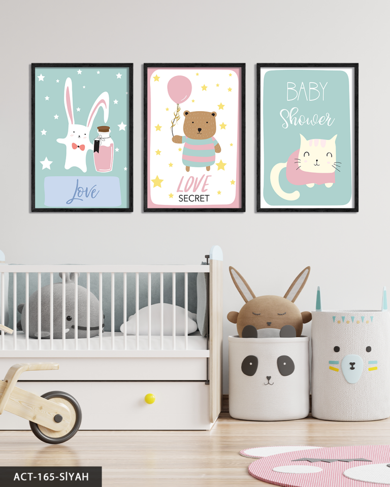 Hayvan Temalı Çocuk Odası 3 Parça Ahşap Çerçeveli Tablo ACT Siyah - 20 x 30 CM