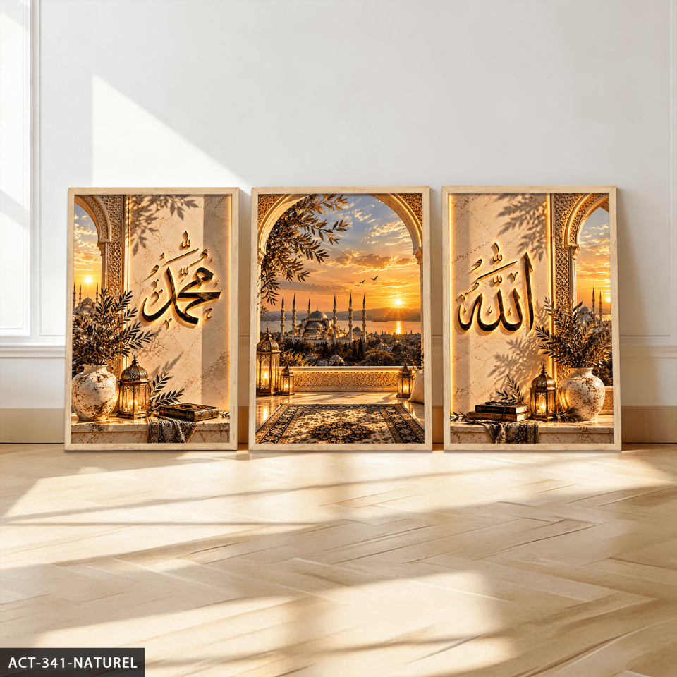 Allah Muhammed Yazılı Camii 3 Parça Ahşap Çerçeveli Tablo ACT Naturel - 40 x 60 CM