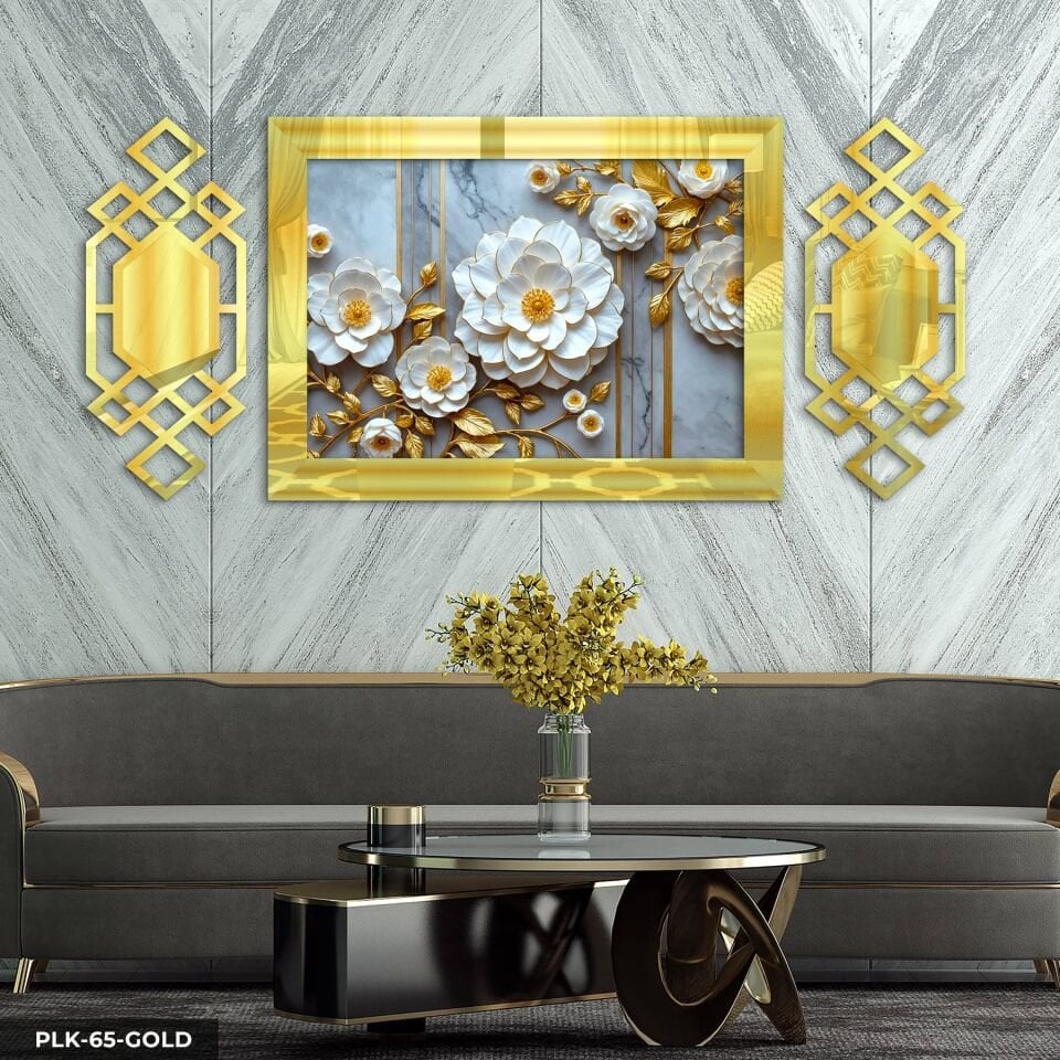 Gold Yapraklı Beyaz Zarif Çiçek Yan Dekorlu 3 Parça Pleksi Tablo DKRPLK 130 x 25 CM - Gold