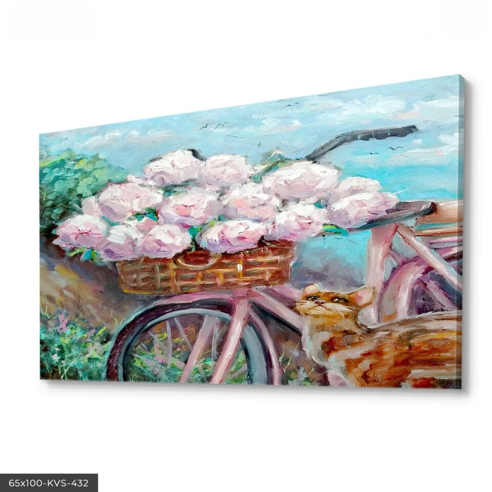Çizim Bisiklet Çiçek Kanvas - Canvas Tablo 140 x 90 CM - Çok Renkli