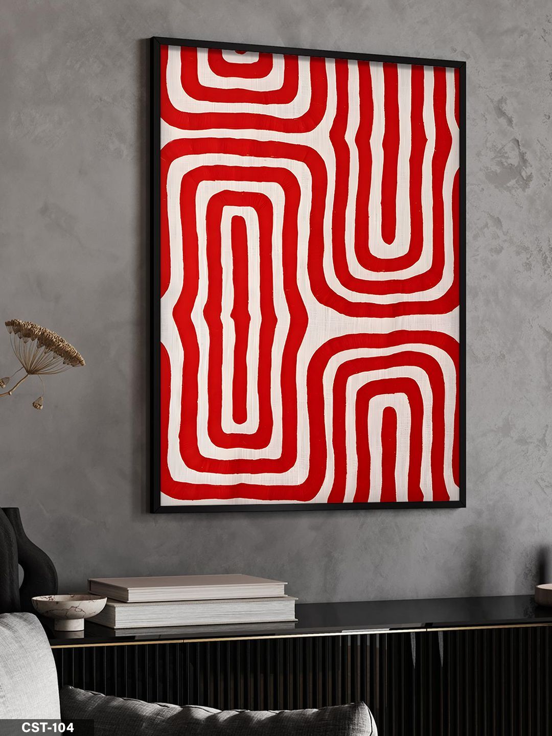 Kırmızı Beyaz Geometrik Desen Tek Parça Ahşap Çerçeveli Tablo Siyah - 50 x 70 CM