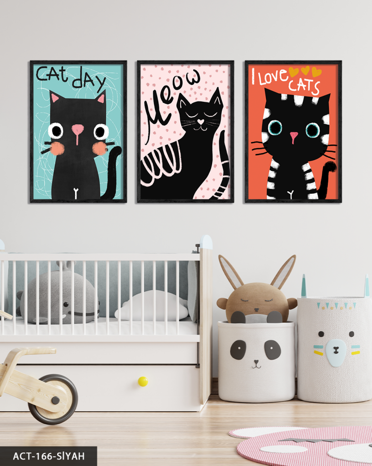 Sevimli Kara Kediler 3 Parça Ahşap Çerçeveli Tablo ACT Siyah - 20 x 30 CM