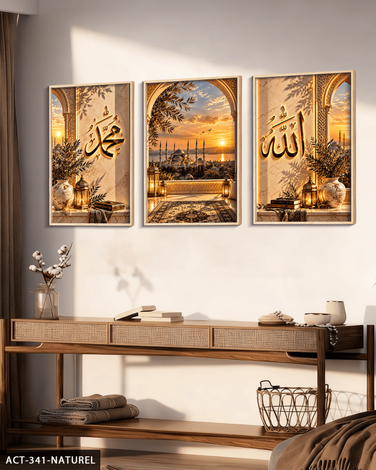 Allah Muhammed Yazılı Camii 3 Parça Ahşap Çerçeveli Tablo ACT Naturel - 50 x 70 CM
