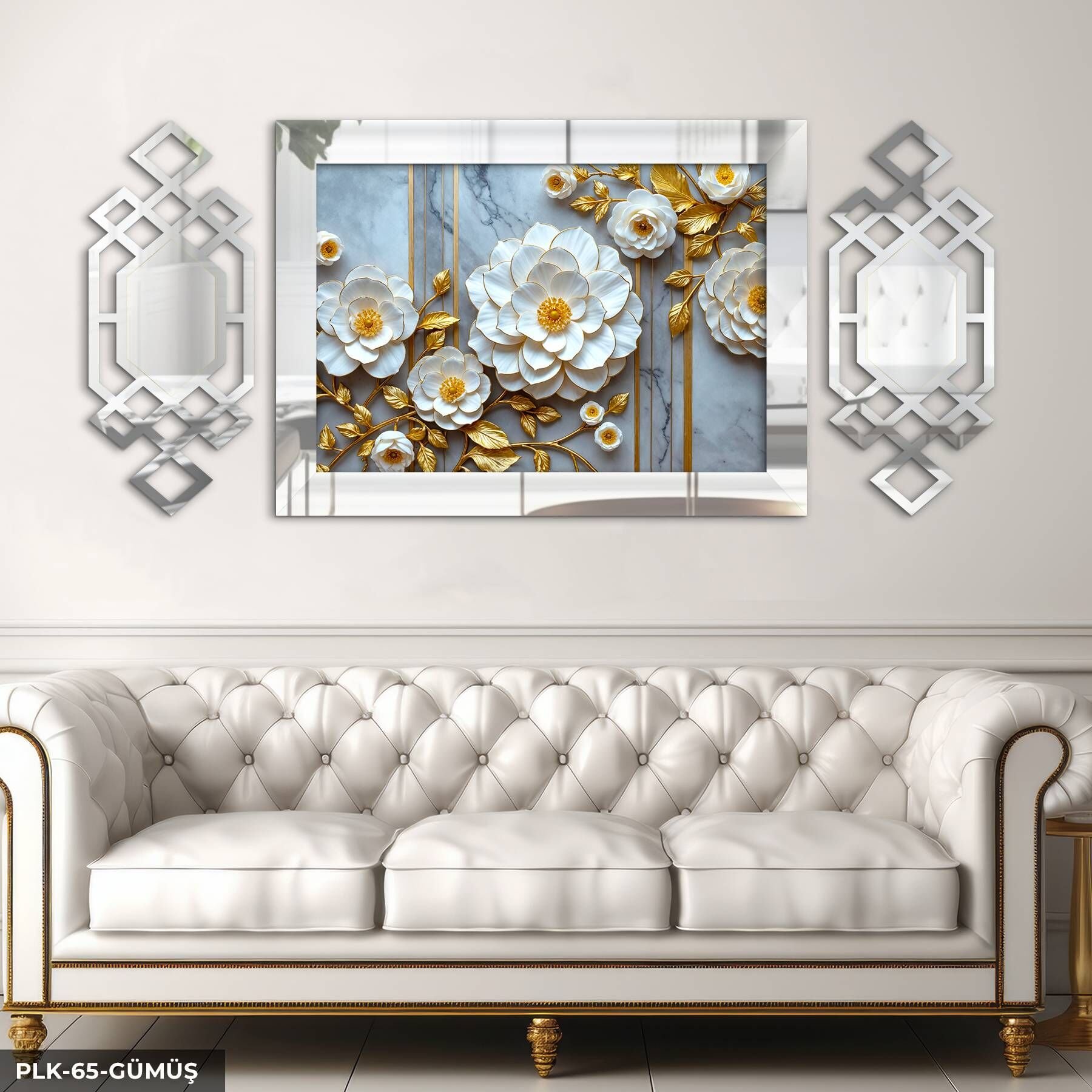 Gold Yapraklı Beyaz Zarif Çiçek Yan Dekorlu 3 Parça Pleksi Tablo DKRPLK 130 x 25 CM - Gümüş
