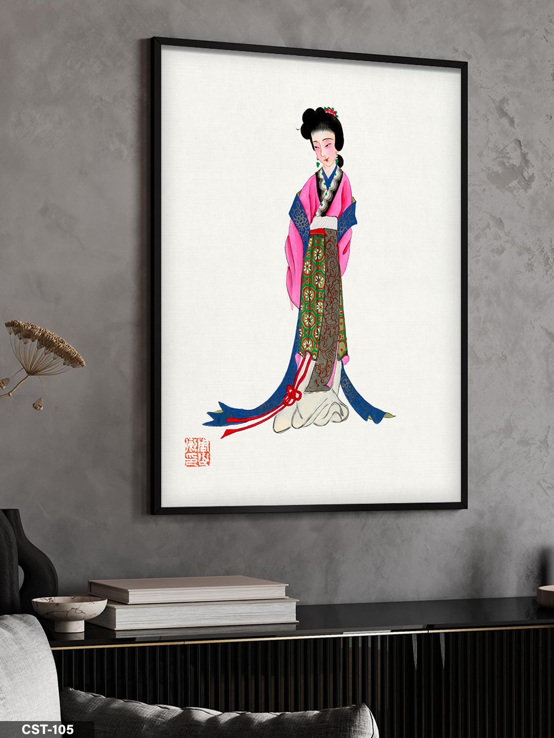 Geleneksel Kıyafetli Kadın illüstrasyon Tek Parça Ahşap Çerçeveli Tablo Siyah - 50 x 70 CM