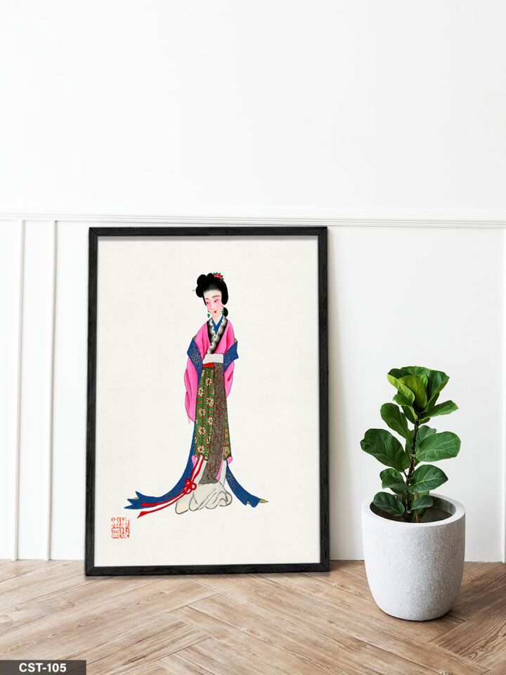 Geleneksel Kıyafetli Kadın illüstrasyon Tek Parça Ahşap Çerçeveli Tablo Siyah - 50 x 70 CM