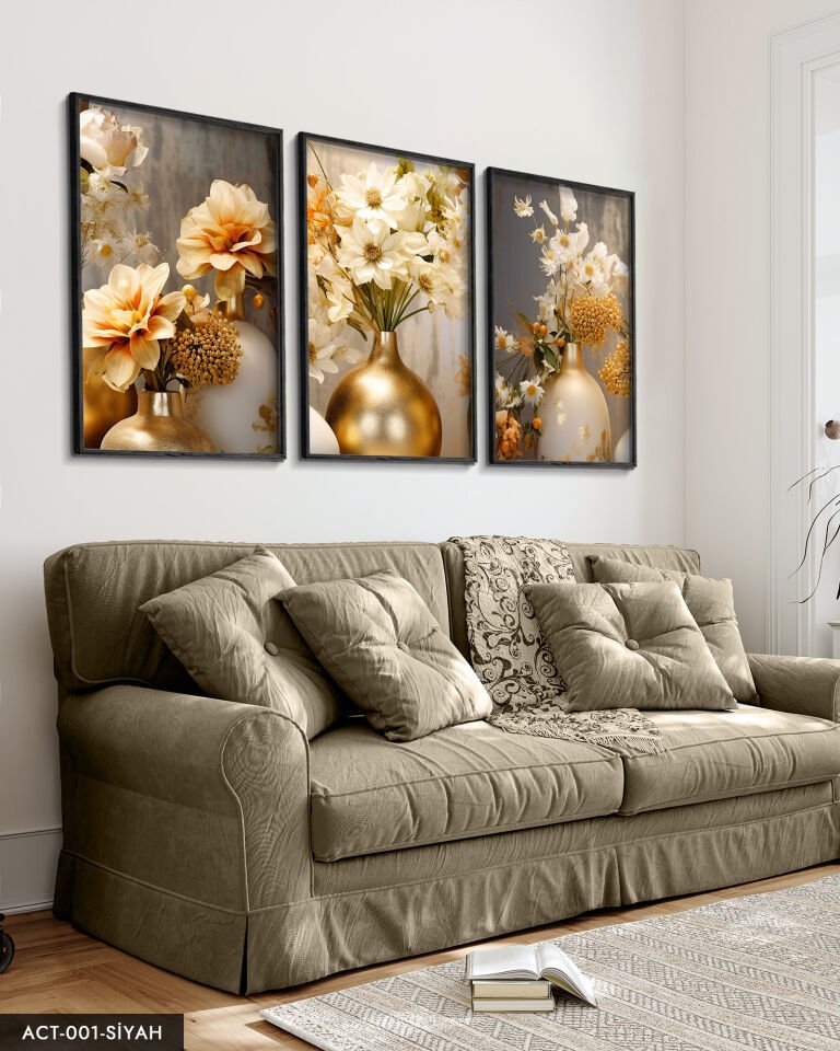 Vazoda Çiçekler 3 Parça Ahşap Çerçeveli Tablo Siyah - 30 x 40 CM