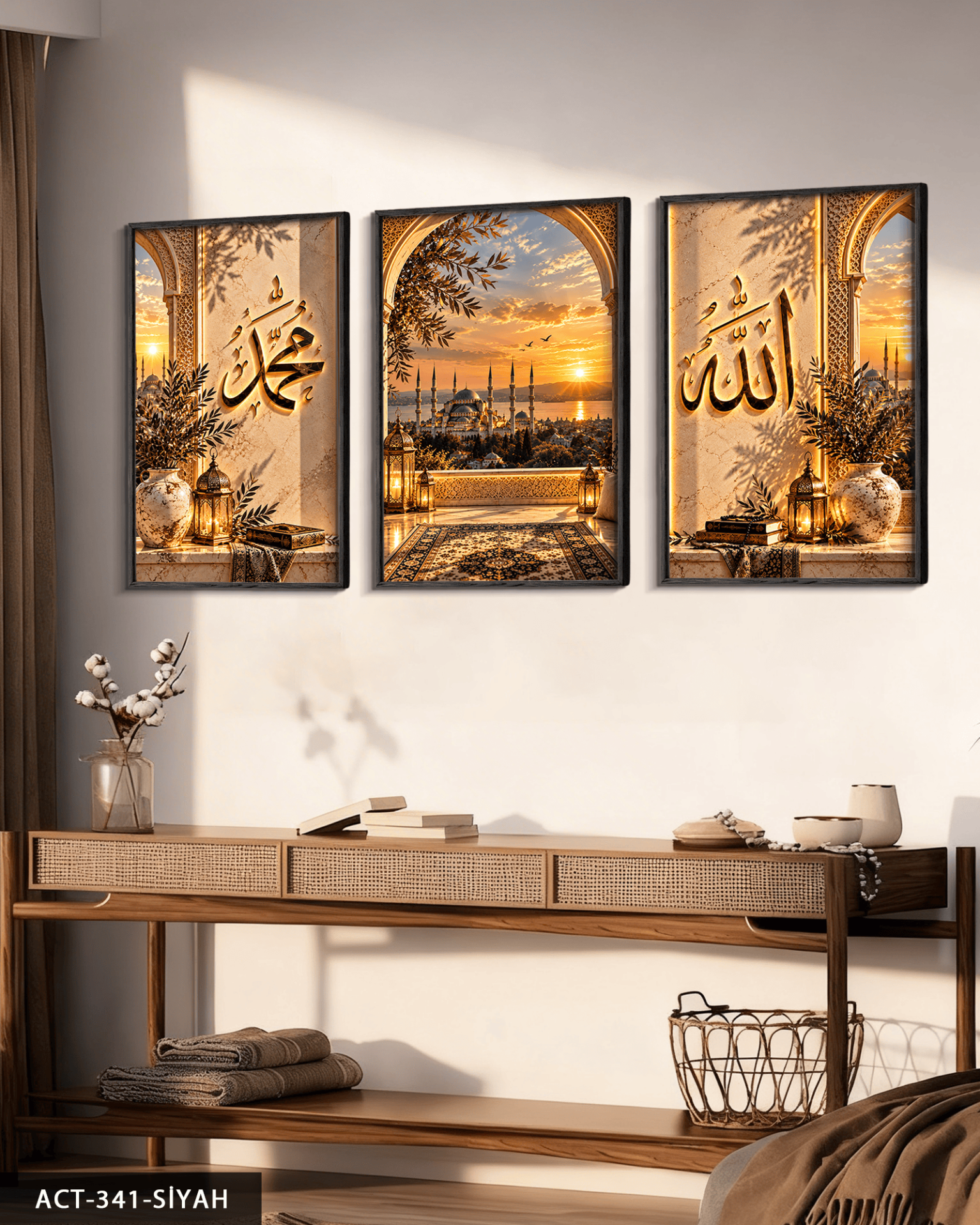 Allah Muhammed Yazılı Camii 3 Parça Ahşap Çerçeveli Tablo ACT Siyah - 30 x 40 CM