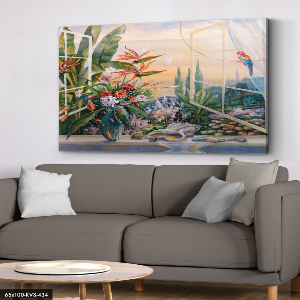 Çizim Kuş Ve Çiçek Kanvas - Canvas Tablo