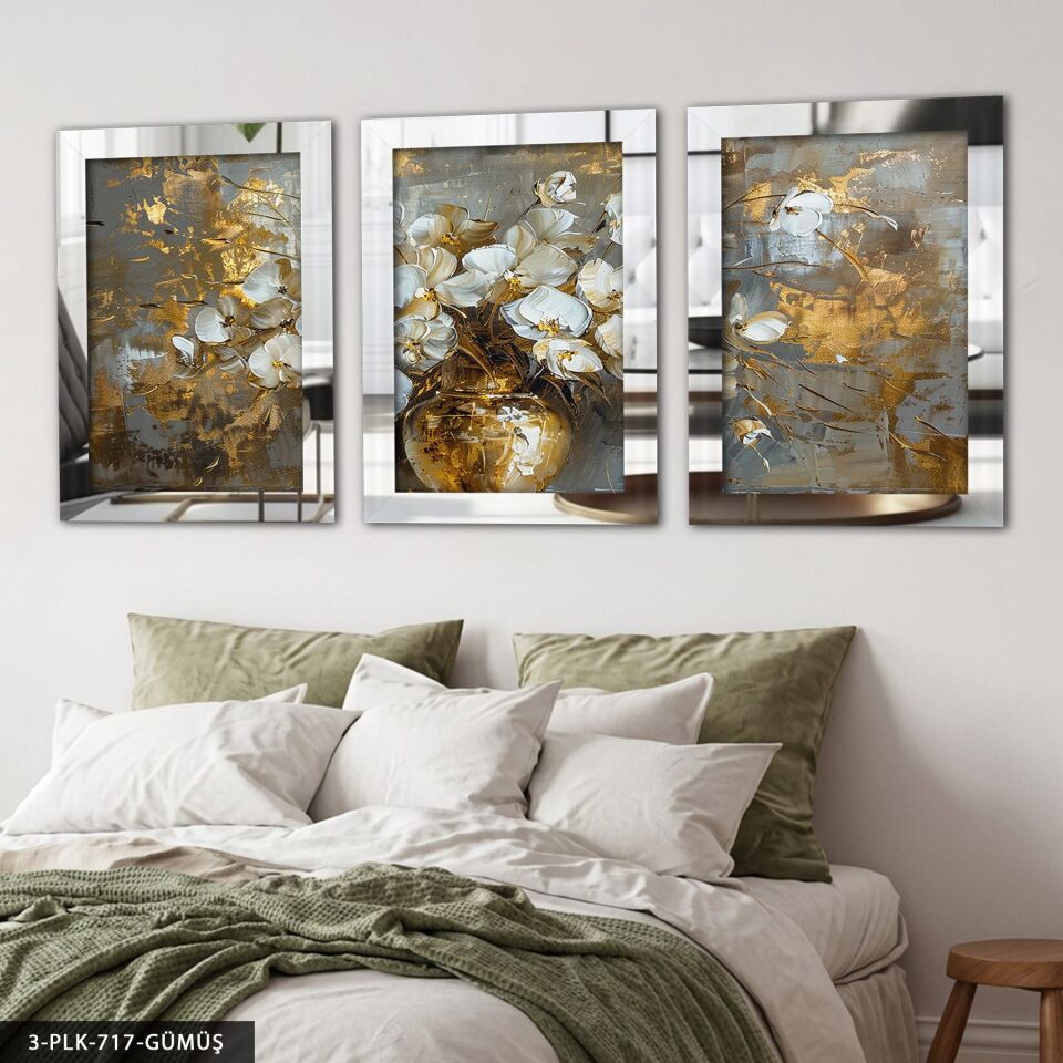 Gold Vazoda Beyaz Çiçek 3 Parça Pleksi Aynalı Tablo Gümüş - 50 x 70 CM