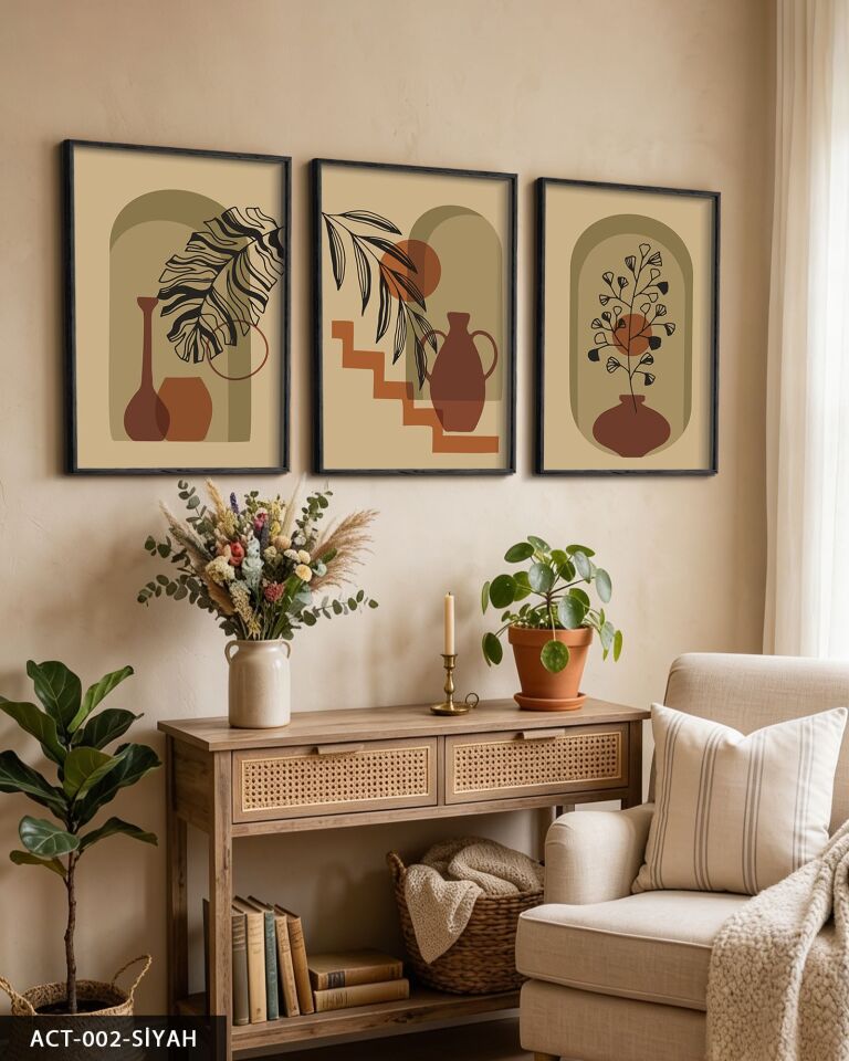 Vazo Çiçek Bohem Tarzı 3 Parça Ahşap Çerçeveli Tablo Siyah - 30 x 40 CM
