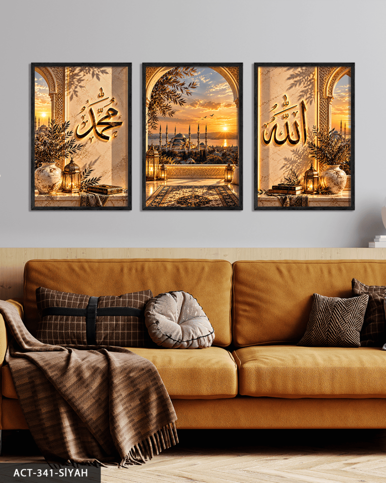 Allah Muhammed Yazılı Camii 3 Parça Ahşap Çerçeveli Tablo ACT Siyah - 40 x 60 CM