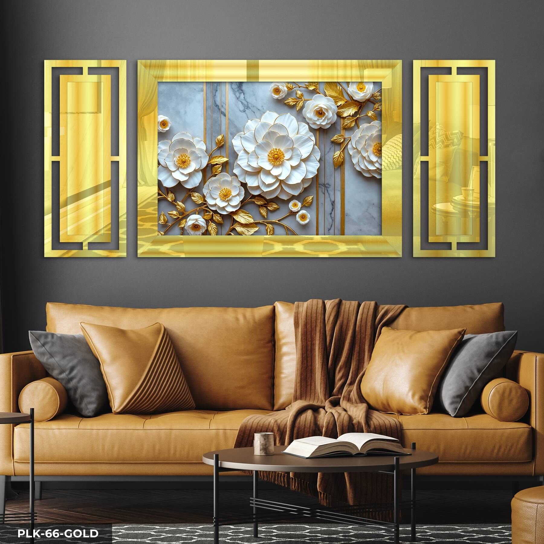 Gold Yapraklı Beyaz Zarif Çiçek Yan Dekorlu 3 Parça Pleksi Tablo DKRPLK 130 x 25 CM - Gold