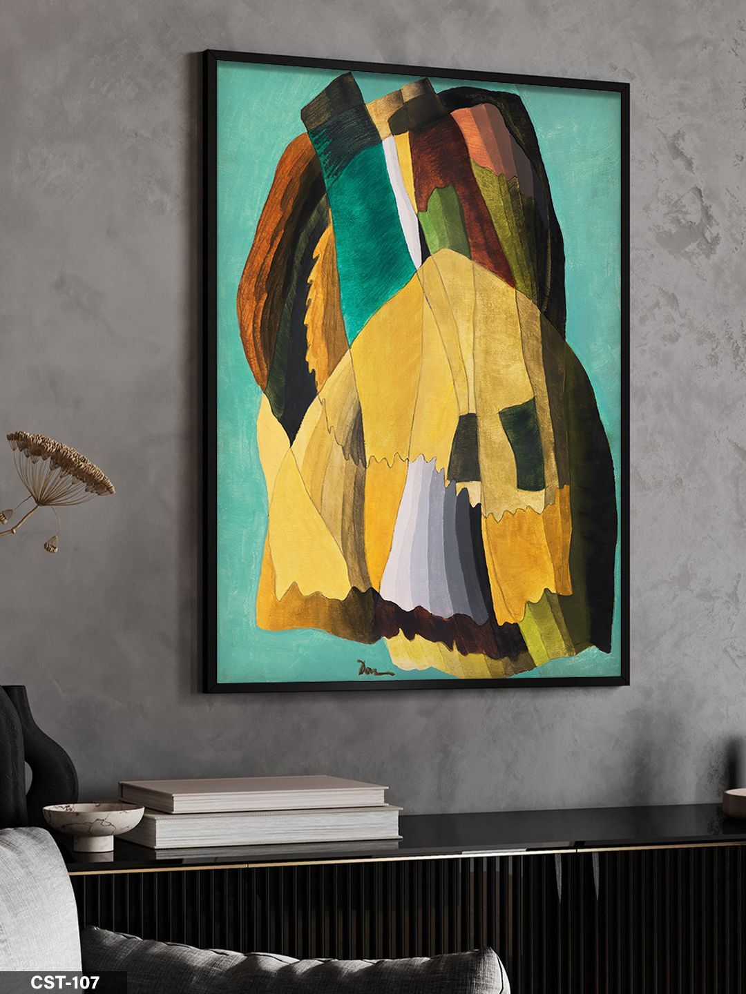 Sarı-yeşil Tonlarda Soyut Figür Tek Parça Ahşap Çerçeveli Tablo Siyah - 50 x 70 CM