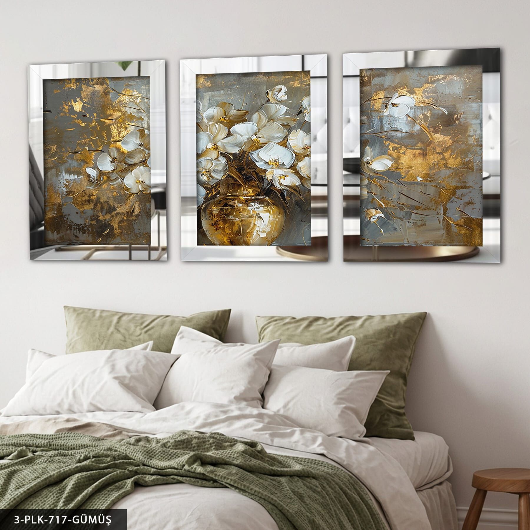 Gold Vazoda Beyaz Çiçek 3 Parça Pleksi Aynalı Tablo Gümüş - 60 x 80 CM