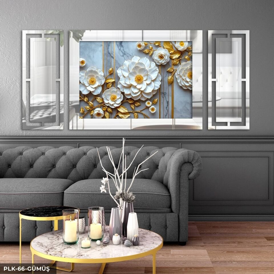 Gold Yapraklı Beyaz Zarif Çiçek Yan Dekorlu 3 Parça Pleksi Tablo DKRPLK 130 x 25 CM - Gümüş
