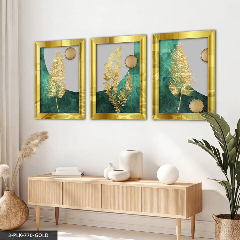 Gold Yaprak ve Daireler 3 Parça Pleksi Aynalı Tablo