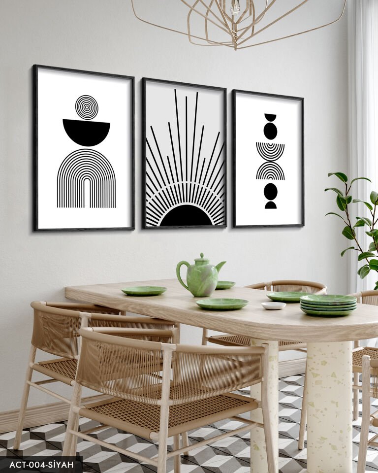 Soyut Desen Çizgiler 3 Parça Ahşap Çerçeveli Tablo ACT Siyah - 30 x 40 CM