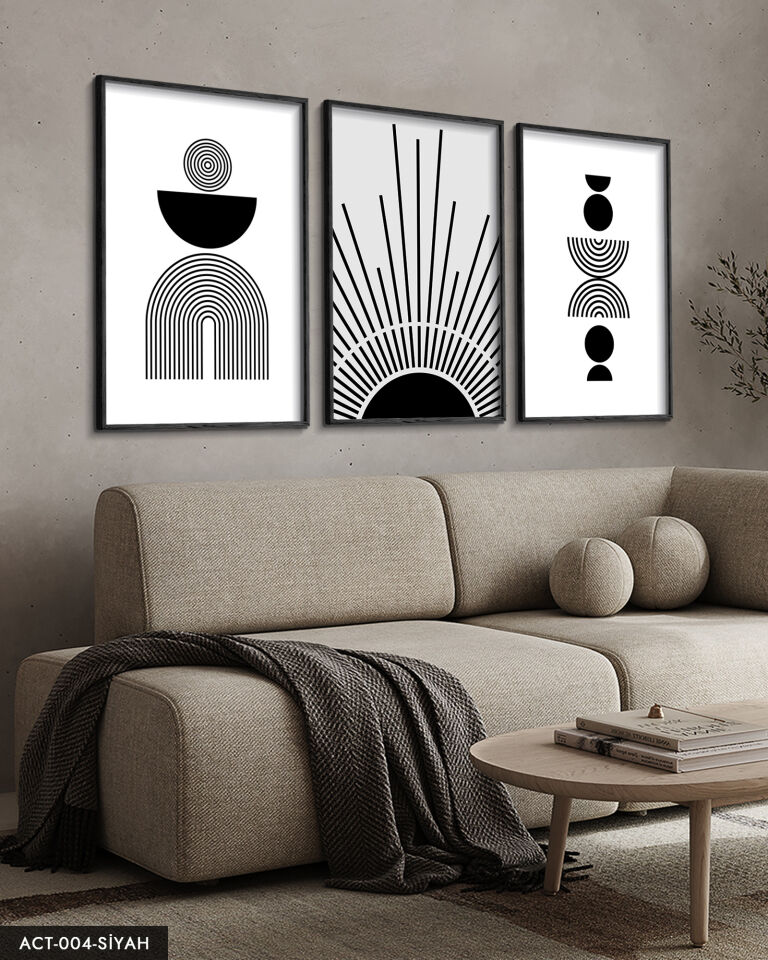 Soyut Desen Çizgiler 3 Parça Ahşap Çerçeveli Tablo ACT Siyah - 30 x 40 CM