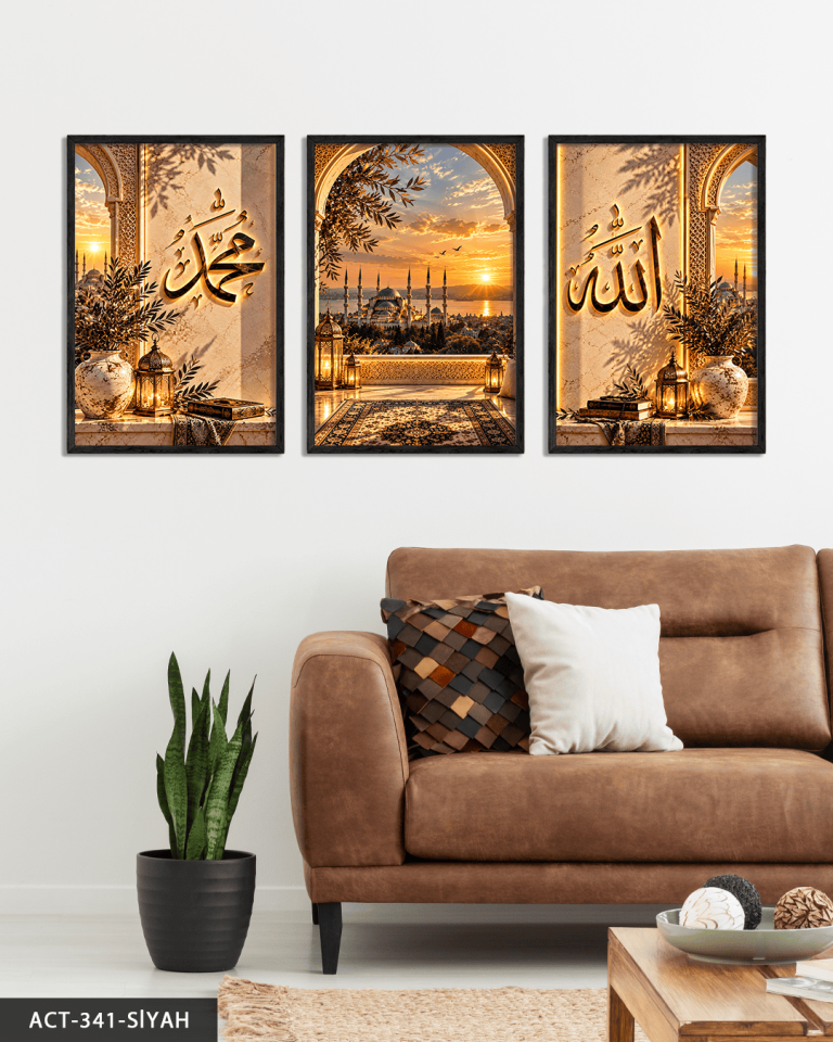 Allah Muhammed Yazılı Camii 3 Parça Ahşap Çerçeveli Tablo ACT Siyah - 50 x 70 CM