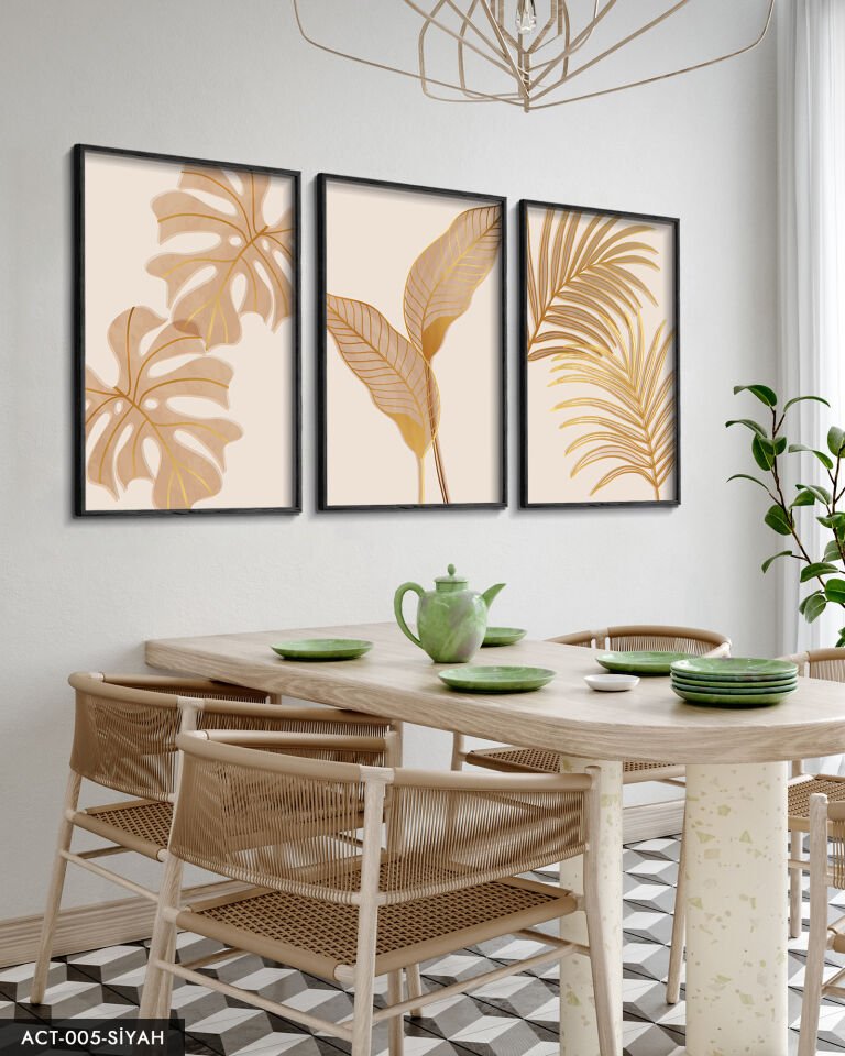 Botanik Altın Yapraklı Çiçek 3 Parça Ahşap Çerçeveli Tablo ACT Siyah - 30 x 40 CM