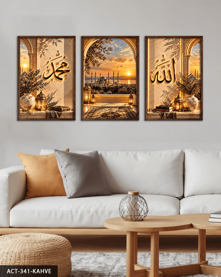 Allah Muhammed Yazılı Camii 3 Parça Ahşap Çerçeveli Tablo ACT Kahverengi - 30 x 40 CM
