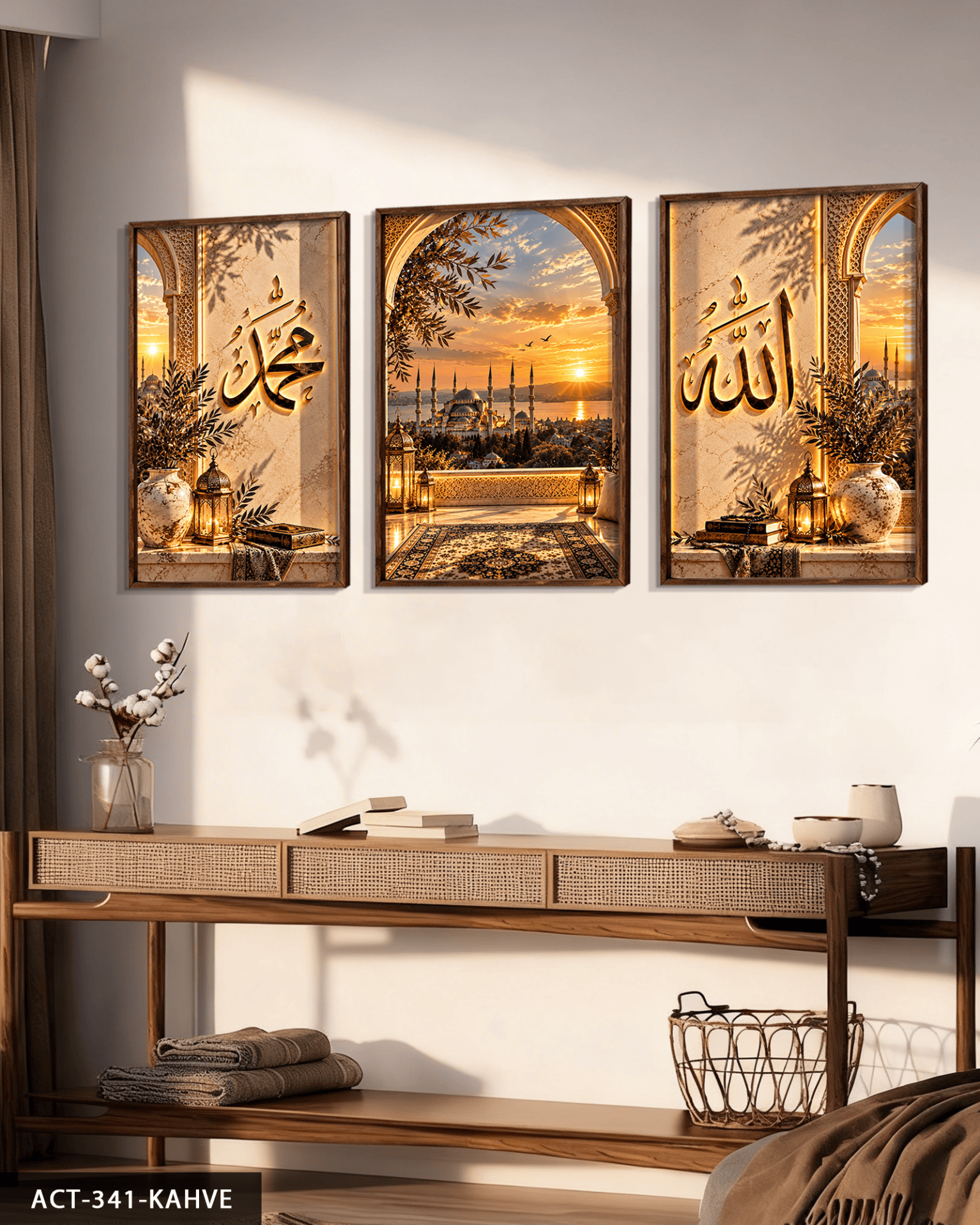 Allah Muhammed Yazılı Camii 3 Parça Ahşap Çerçeveli Tablo ACT Kahverengi - 30 x 40 CM